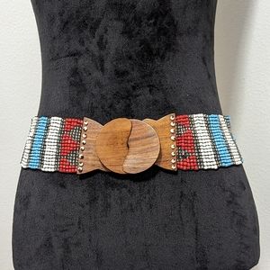 Hand Crafted Glass Bead Belt With Wooden Buckle